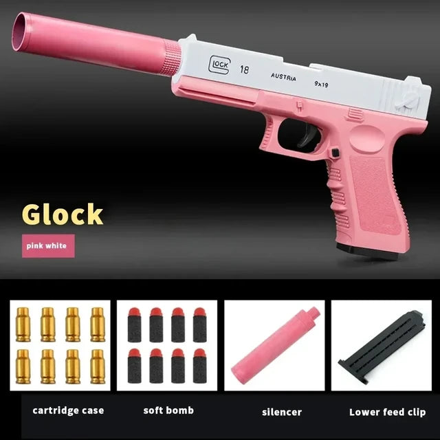 Soft Pellet Gun Toy Airsoft Glock with Drum Shell Ejected Foam Blaster Fidget Guns Toy Realistic Ejecting Gun Gifts for Boys