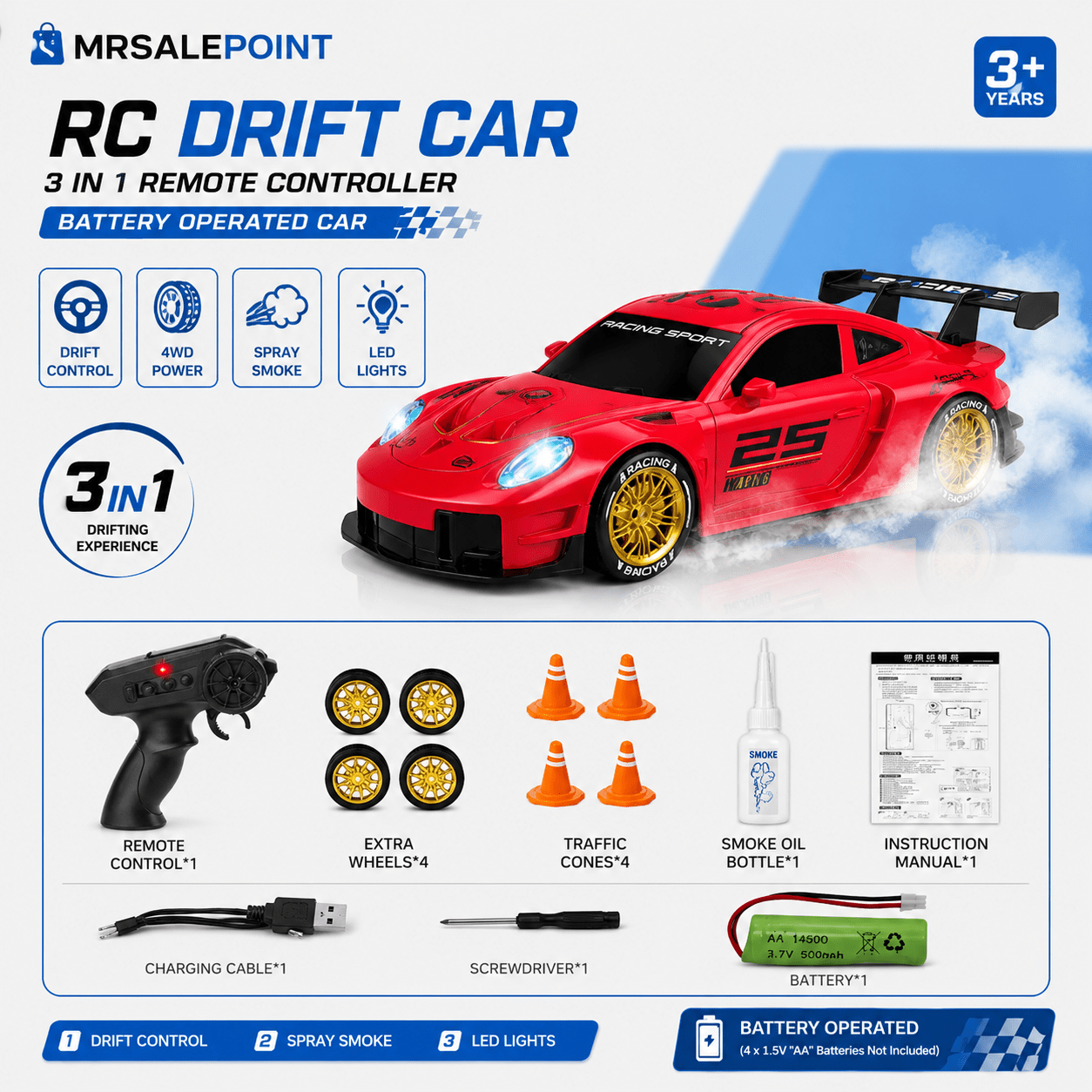 2026/03/1000433094.png 2.4G RC Drift Car with LED Light Remote Control Racing Car Vehicle Replaceable Tire Competition Race Car Toy - Image 1