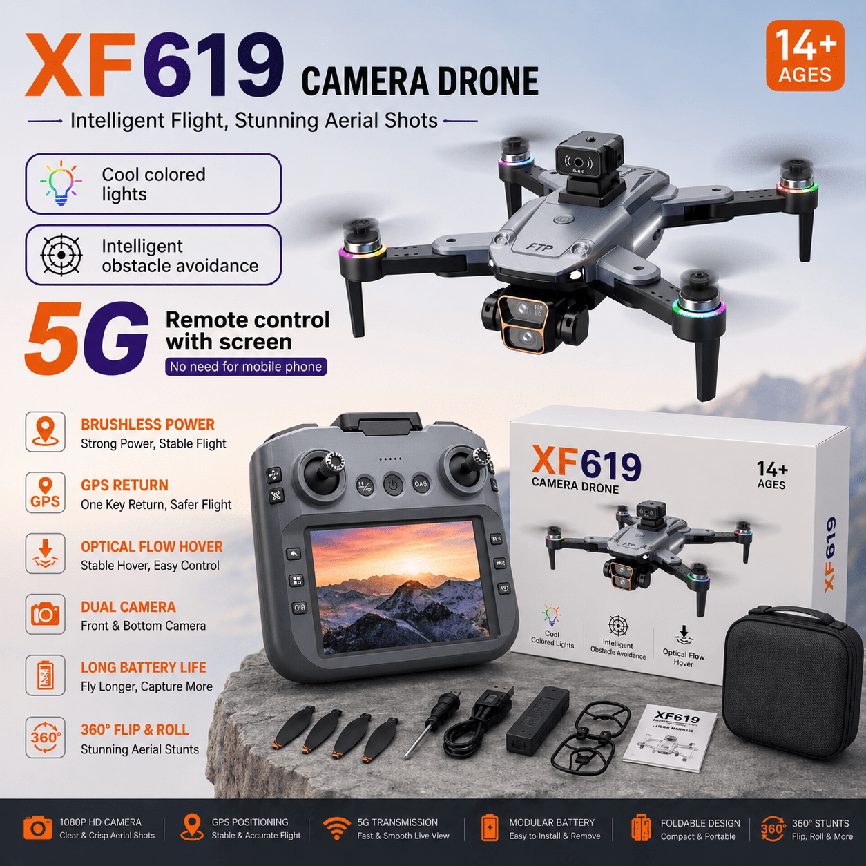 2026/04/1000432988.png XF619 Intelligent Aerial Photography Drone High Quality Tripple Camera Drone With Screen Remote Controller Also Rechargeable Remote With Powerful Obstacle Avoidance And One-Key Return Option - Image 1