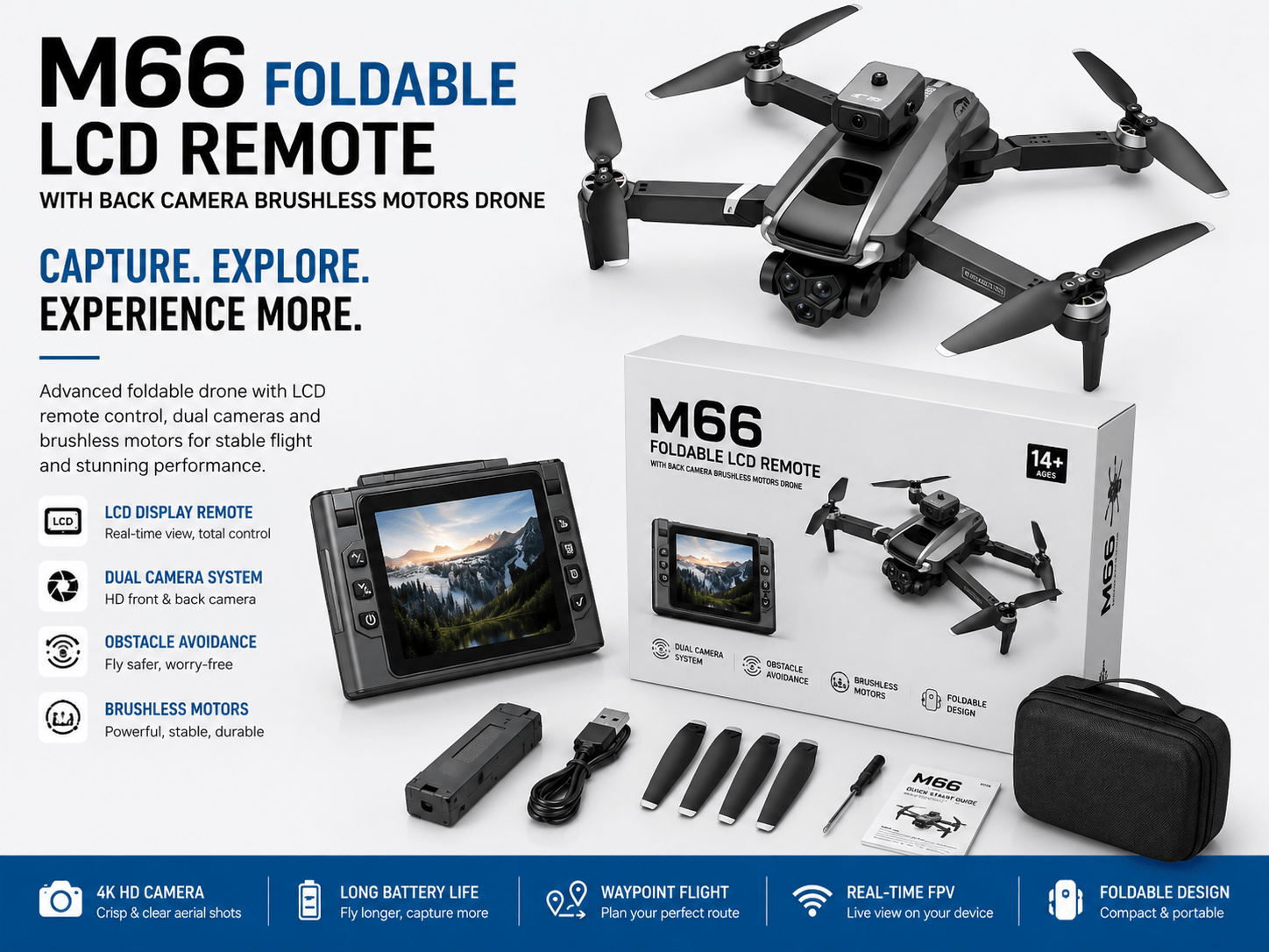 2026/06/1000429852.png M66 Foldable LCD Remote Controller With Back Camera Touch Display High Quality Brushless Motors Camera Drone - Image 1